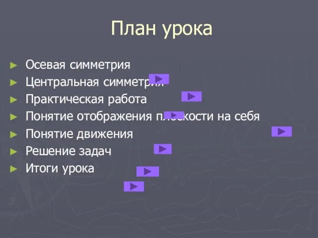 План урока Осевая симметрия Центральная симметрия Практическая работа Понятие отображения плоскости на