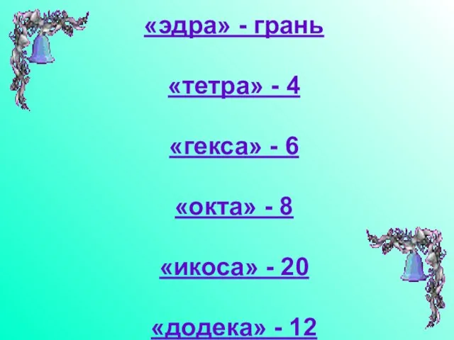 «эдра» - грань «тетра» - 4 «гекса» - 6 «окта» - 8