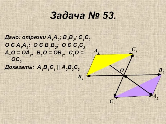 Задача № 53. Дано: отрезки А1А2; В1В2; С1С2 О Є А1А2; О