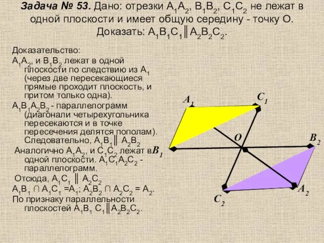 Задача № 53. Дано: отрезки А1А2, В1В2, С1С2 не лежат в одной