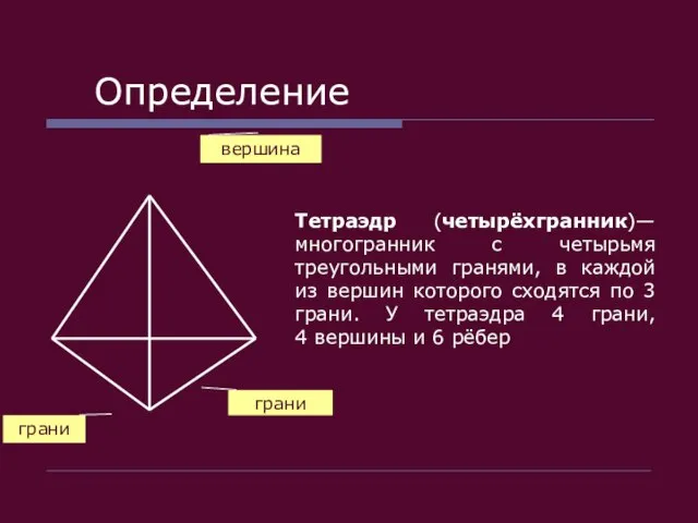 Определение Тетраэдр (четырёхгранник)—многогранник с четырьмя треугольными гранями, в каждой из вершин которого