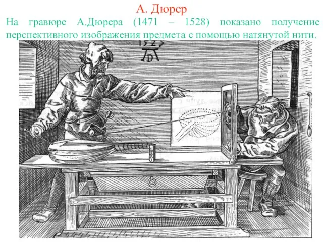 А. Дюрер На гравюре А.Дюрера (1471 – 1528) показано получение перспективного изображения