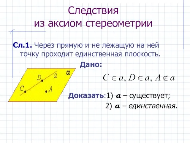 Следствия из аксиом стереометрии Сл.1. Через прямую и не лежащую на ней