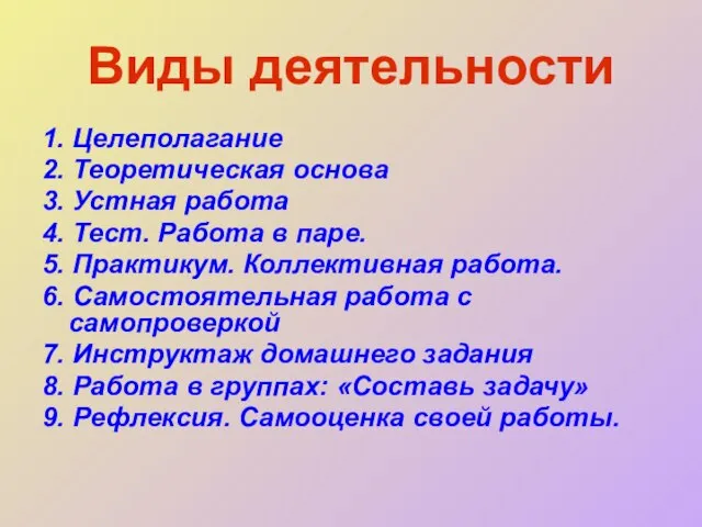 Виды деятельности 1. Целеполагание 2. Теоретическая основа 3. Устная работа 4. Тест.