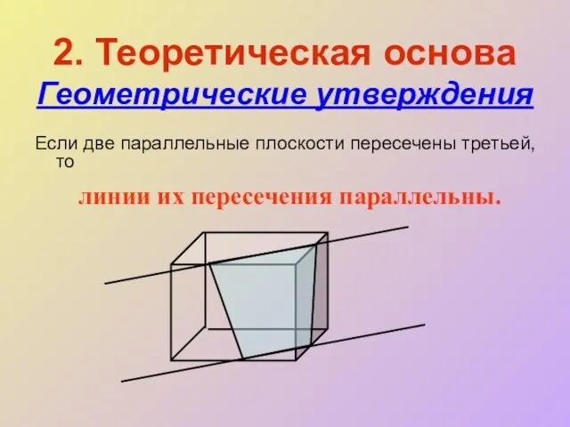 2. Теоретическая основа Геометрические утверждения Если две параллельные плоскости пересечены третьей, то линии их пересечения параллельны.