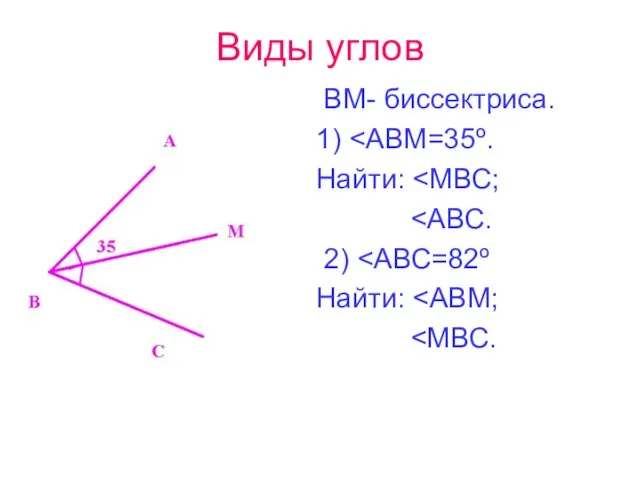 Виды углов ВМ- биссектриса. 1) Найти: 2) Найти: