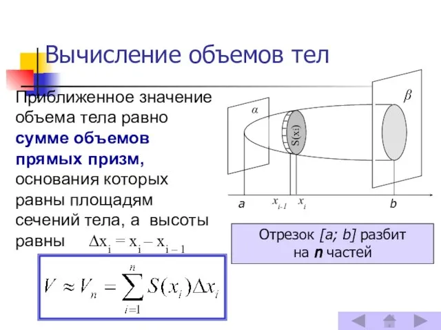 Вычисление объемов тел Приближенное значение объема тела равно сумме объемов прямых призм,