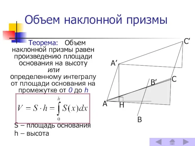 Объем наклонной призмы Теорема: Объем наклонной призмы равен произведению площади основания на