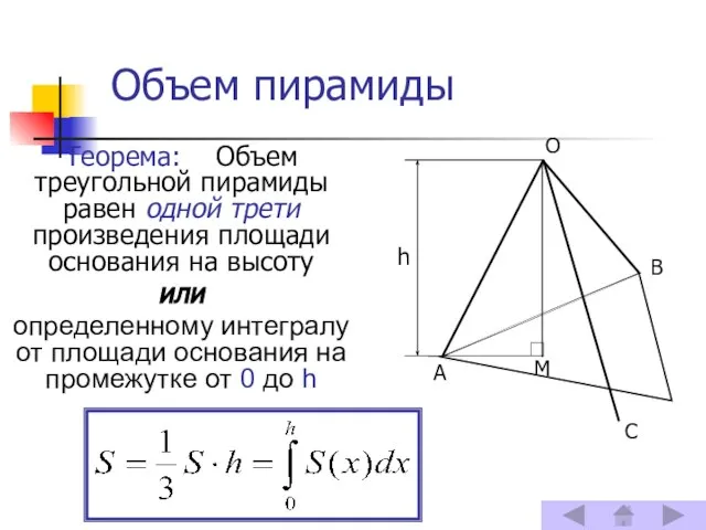Объем пирамиды Теорема: Объем треугольной пирамиды равен одной трети произведения площади основания