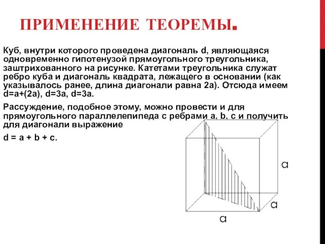 ПРИМЕНЕНИЕ ТЕОРЕМЫ. Куб, внутри которого проведена диагональ d, являющаяся одновременно гипотенузой прямоугольного