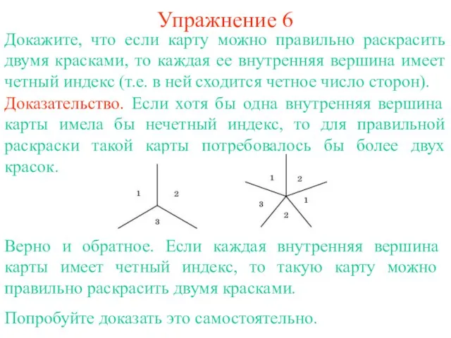 Упражнение 6 Докажите, что если карту можно правильно раскрасить двумя красками, то