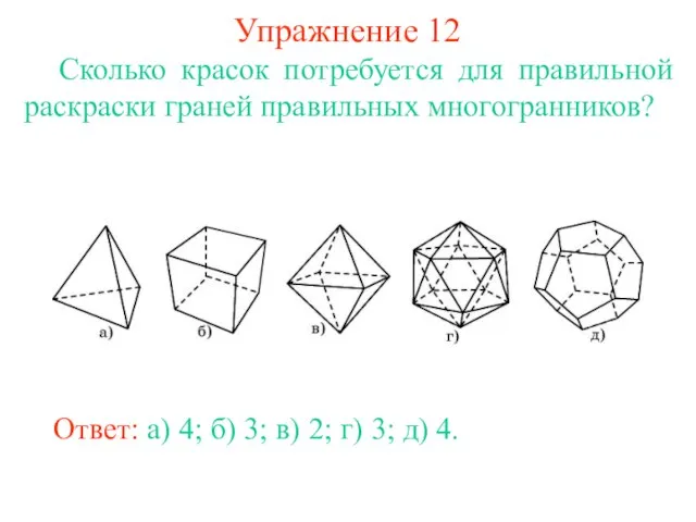 Упражнение 12 Сколько красок потребуется для правильной раскраски граней правильных многогранников? Ответ: