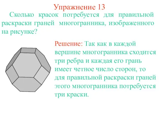 Упражнение 13 Сколько красок потребуется для правильной раскраски граней многогранника, изображенного на