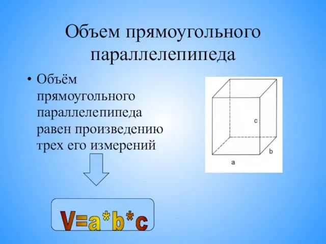 Объем прямоугольного параллелепипеда Объём прямоугольного параллелепипеда равен произведению трех его измерений V=a*b*c
