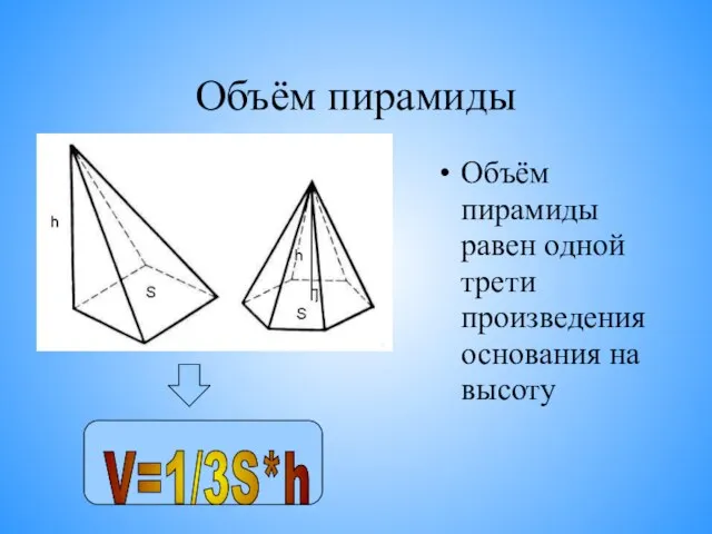 Объём пирамиды Объём пирамиды равен одной трети произведения основания на высоту V=1/3S*h