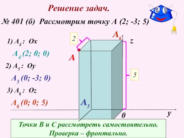 Решение задач. № 401 (б) Рассмотрим точку А (2; -3; 5) х