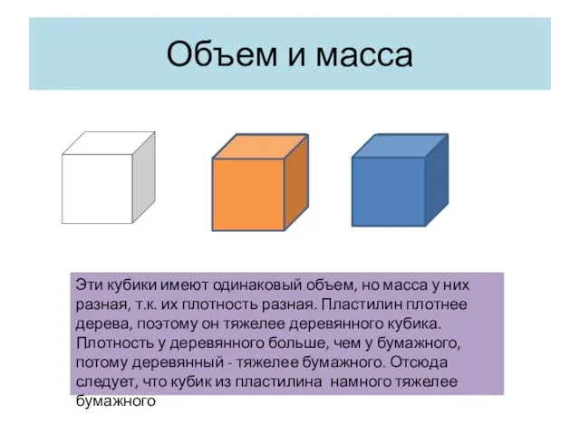 Объем и масса Эти кубики имеют одинаковый объем, но масса у них