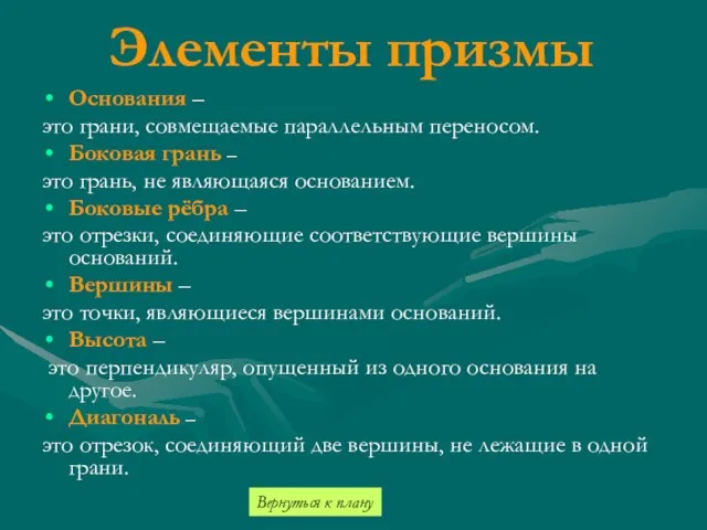 Элементы призмы Основания – это грани, совмещаемые параллельным переносом. Боковая грань –