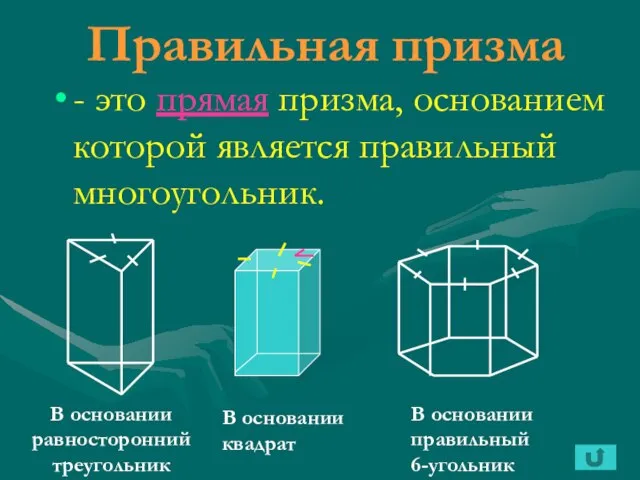 Правильная призма - это прямая призма, основанием которой является правильный многоугольник. В