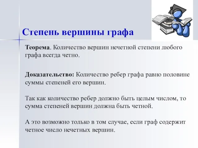 Теорема. Количество вершин нечетной степени любого графа всегда четно. Степень вершины графа