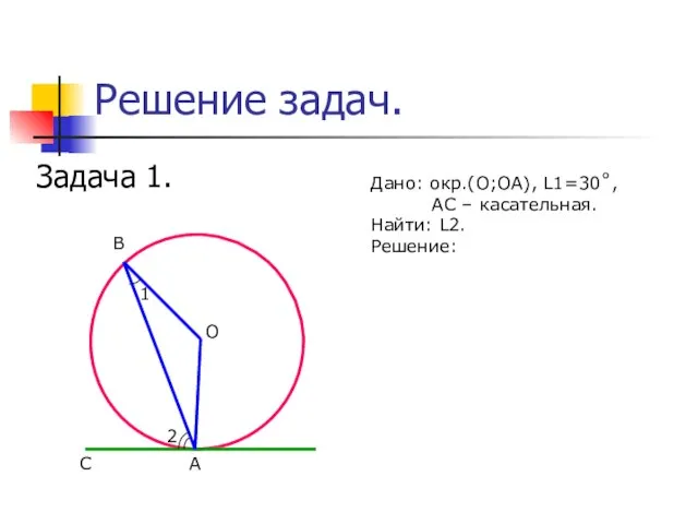 Решение задач. Задача 1. А В О Дано: окр.(О;ОА), L1=30˚, АС –