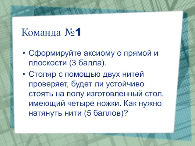 Команда №1 Сформируйте аксиому о прямой и плоскости (3 балла). Столяр с