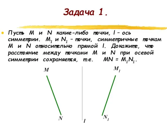 Задача 1. Пусть М и N какие-либо точки, l – ось симметрии.