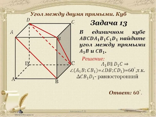 Антонова Г.В. Угол между двумя прямыми. Куб Задача 13 Решение: