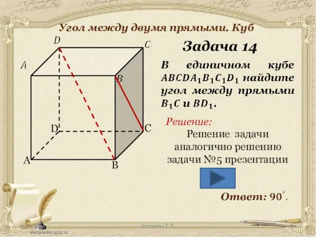 Антонова Г.В. Угол между двумя прямыми. Куб Задача 14 Решение: Решение задачи