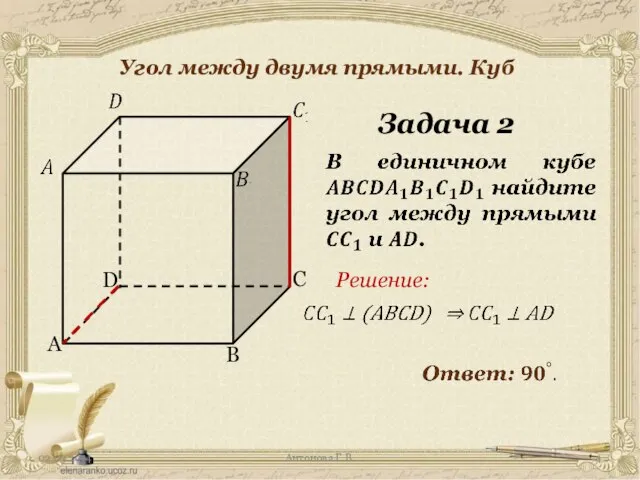 Антонова Г.В. Угол между двумя прямыми. Куб Задача 2 A C B D Решение: