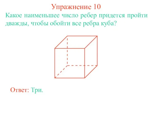 Упражнение 10 Какое наименьшее число ребер придется пройти дважды, чтобы обойти все ребра куба? Ответ: Три.