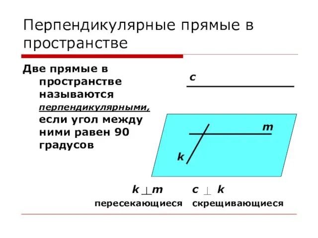 Перпендикулярные прямые в пространстве Две прямые в пространстве называются перпендикулярными, если угол