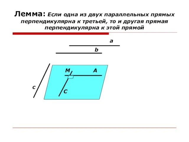 Лемма: Если одна из двух параллельных прямых перпендикулярна к третьей, то и