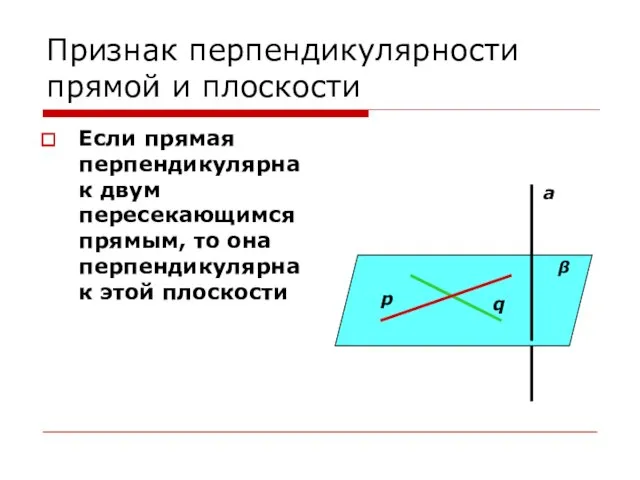 Признак перпендикулярности прямой и плоскости Если прямая перпендикулярна к двум пересекающимся прямым,