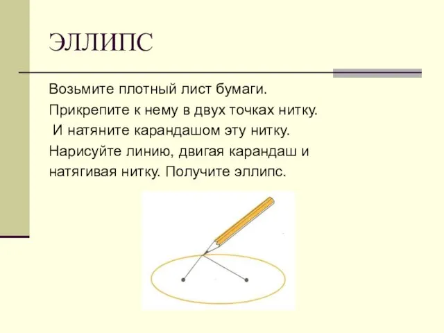 ЭЛЛИПС Возьмите плотный лист бумаги. Прикрепите к нему в двух точках нитку.