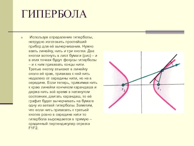 ГИПЕРБОЛА Используя определение гиперболы, нетрудно изготовить простейший прибор для её вычерчивания. Нужно