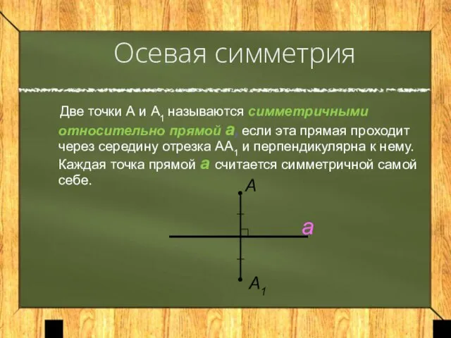 Осевая симметрия Две точки А и А1 называются симметричными относительно прямой а,