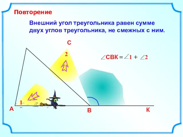 Внешний угол треугольника равен сумме двух углов треугольника, не смежных с ним.