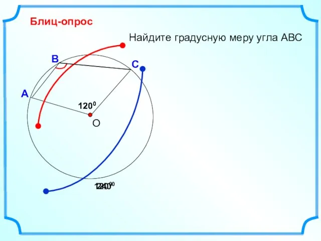Блиц-опрос А С В Найдите градусную меру угла АВС 1200 О 1200 2400 1200