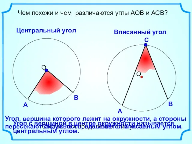 Чем похожи и чем различаются углы АОВ и АСВ? Центральный угол Вписанный