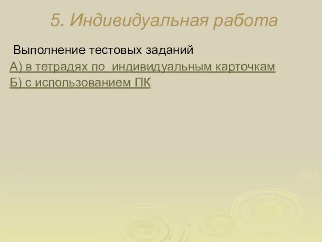 5. Индивидуальная работа Выполнение тестовых заданий А) в тетрадях по индивидуальным карточкам Б) с использованием ПК