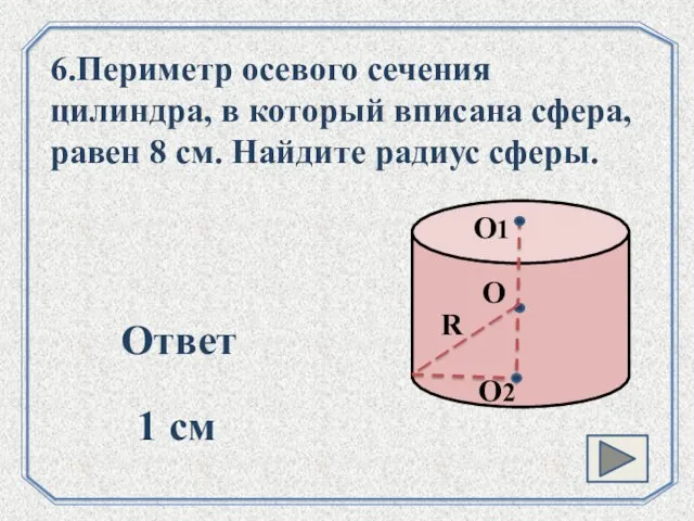 . О О1 R О2 6.Периметр осевого сечения цилиндра, в который вписана