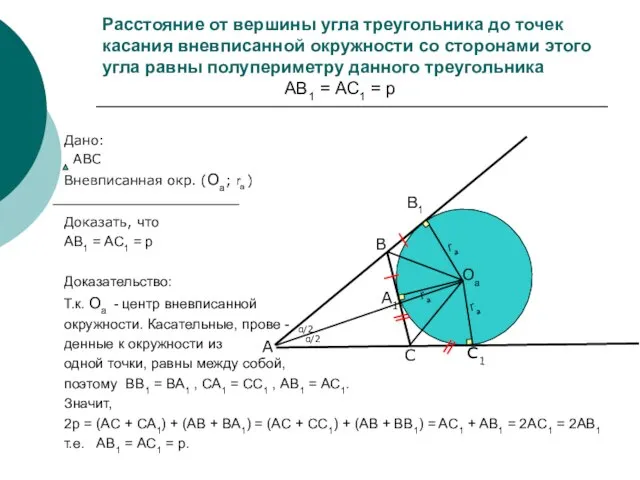 Расстояние от вершины угла треугольника до точек касания вневписанной окружности со сторонами