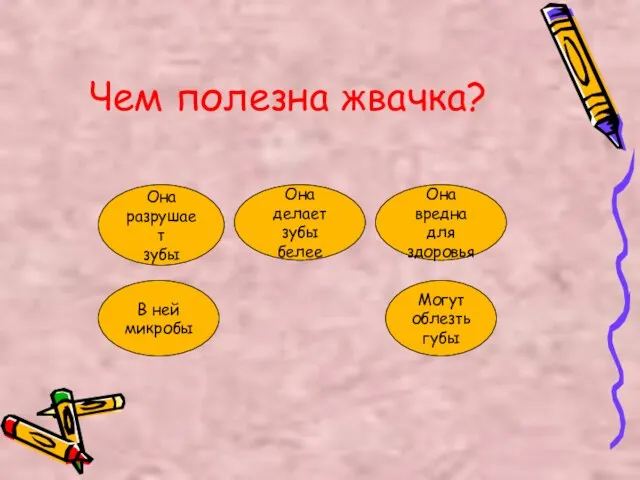 Чем полезна жвачка? Она разрушает зубы Она делает зубы белее Она вредна