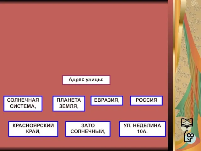 Адрес улицы: СОЛНЕЧНАЯ СИСТЕМА, ПЛАНЕТА ЗЕМЛЯ, ЕВРАЗИЯ, РОССИЯ КРАСНОЯРСКИЙ КРАЙ, ЗАТО СОЛНЕЧНЫЙ, УЛ. НЕДЕЛИНА 10А.