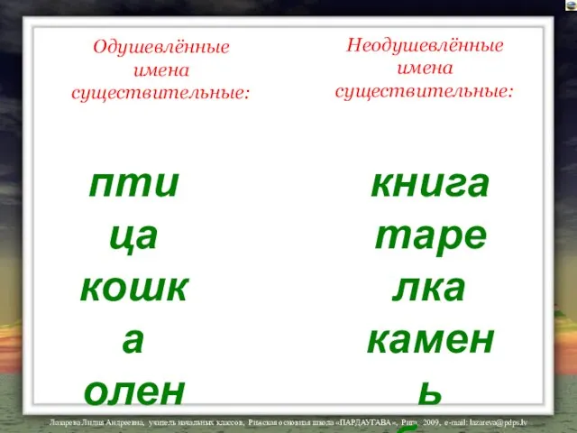 Одушевлённые имена существительные: птица кошка олень курица книга тарелка камень яблоня Неодушевлённые имена существительные: