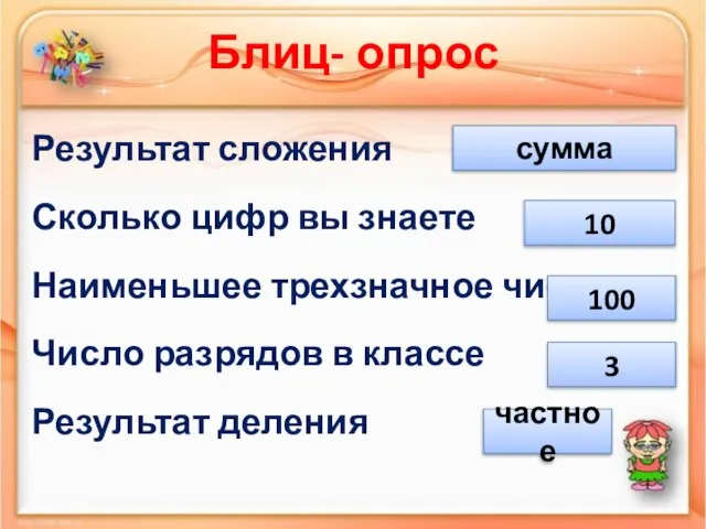 Блиц- опрос Результат сложения Сколько цифр вы знаете Наименьшее трехзначное число Число