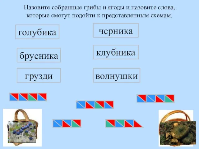 Назовите собранные грибы и ягоды и назовите слова, которые смогут подойти к