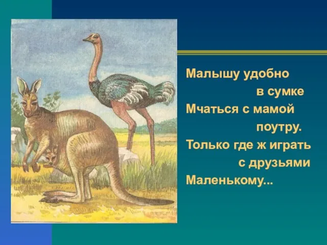 Малышу удобно в сумке Мчаться с мамой поутру. Только где ж играть с друзьями Маленькому...