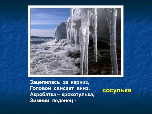 Зацепилась за карниз, Головой свисает вниз. Акробатка – крохотулька, Зимний леденец - сосулька